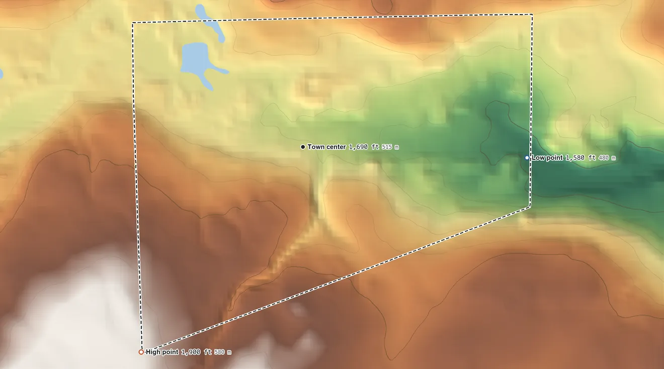 Topographic elevation map of Arnot, Pennsylvania, shaded from 1,580 ft on the east side to 1,900 ft on the southwest edge, below higher ground just outside