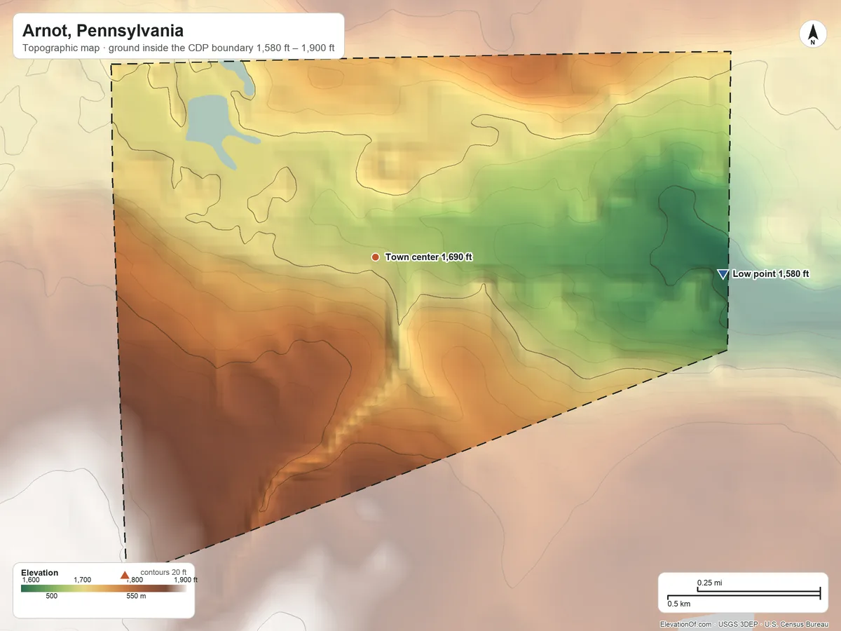 Topographic elevation map of Arnot, Pennsylvania, shaded from 1,580 ft on the east side to 1,900 ft on the southwest edge, below higher ground just outside