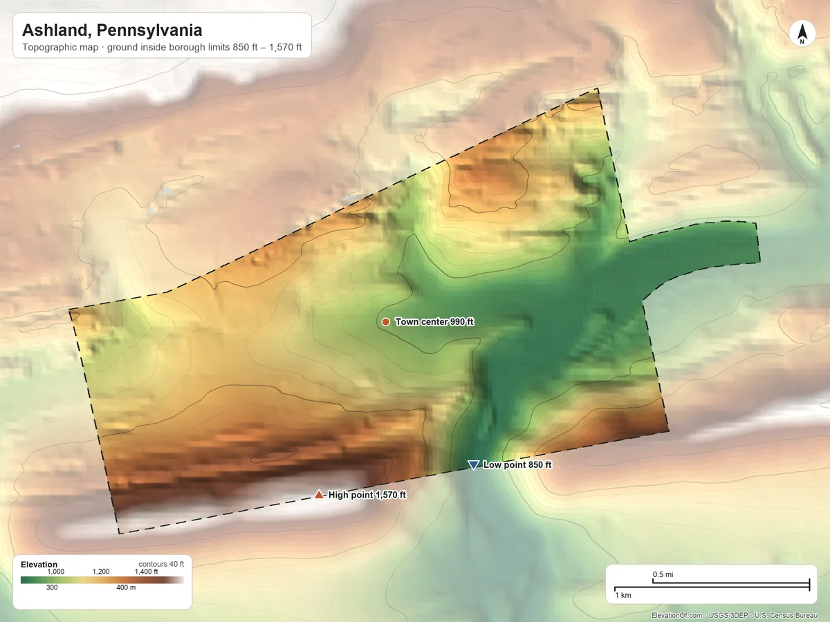 Topographic elevation map of Ashland, Pennsylvania, shaded from 850 ft on the southeast side to 1,570 ft on the south side