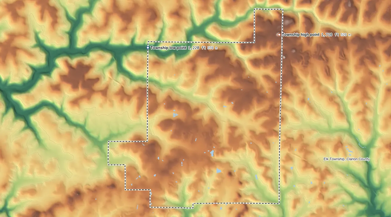 Topographic elevation map of Ashland Township, Pennsylvania, shaded from 1,220 ft on the northwest side to 1,710 ft on the northeast side