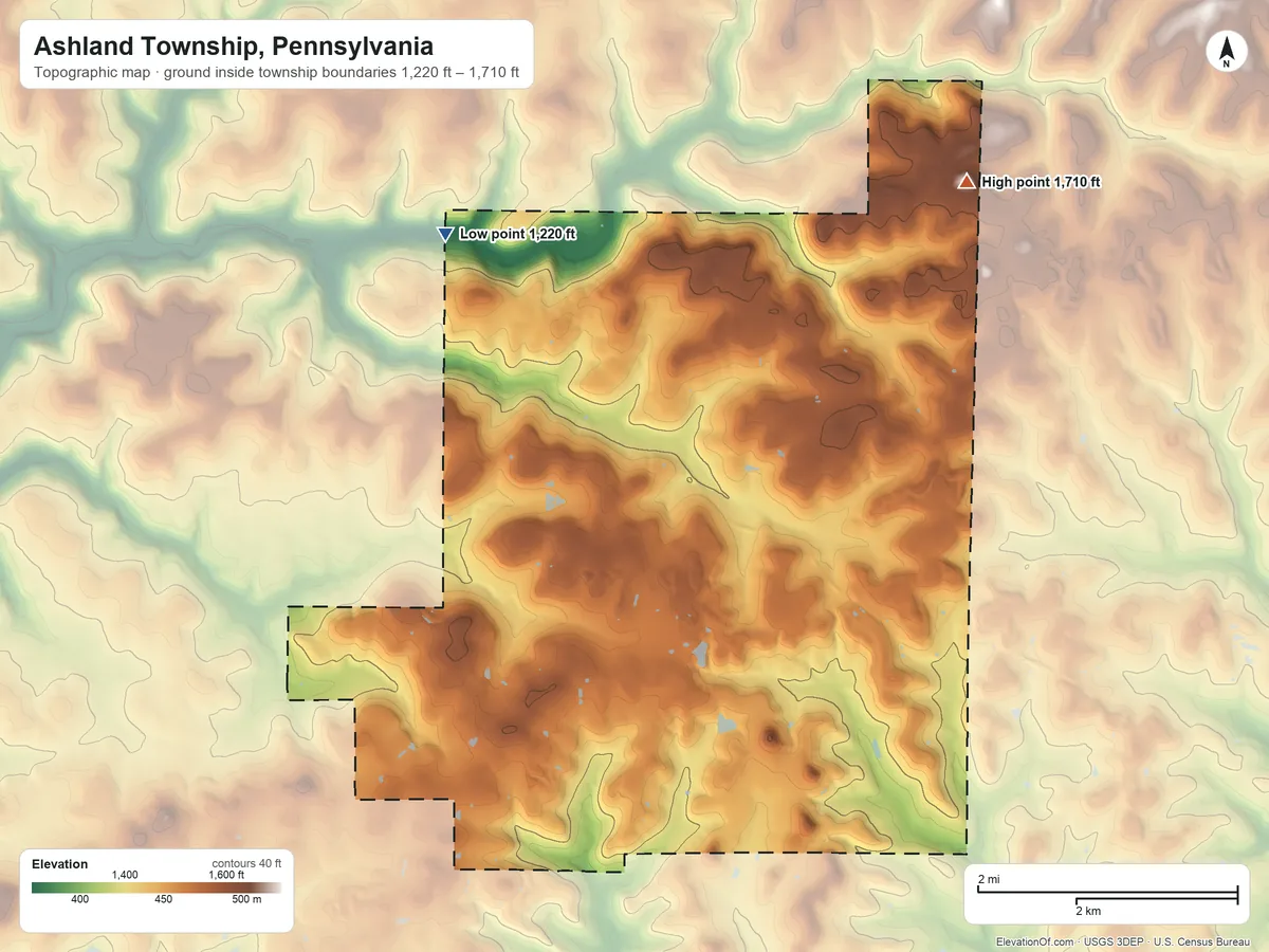 Topographic elevation map of Ashland Township, Pennsylvania, shaded from 1,220 ft on the northwest side to 1,710 ft on the northeast side