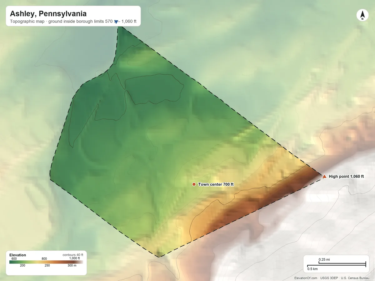 Topographic elevation map of Ashley, Pennsylvania, shaded from 570 ft on the northwest side to 1,060 ft on the east edge, below higher ground just outside