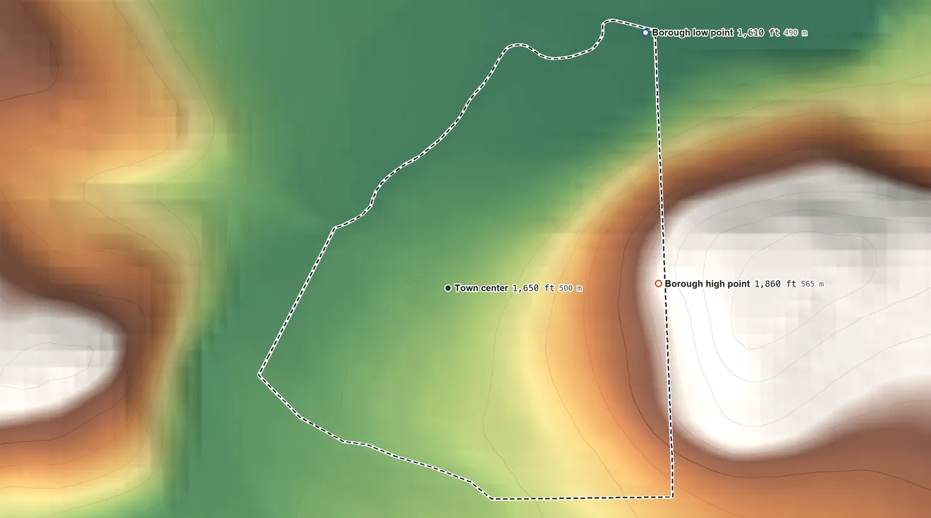 Topographic elevation map of Ashville, Pennsylvania, shaded from 1,610 ft on the northeast side to 1,860 ft on the east edge, below higher ground just outside