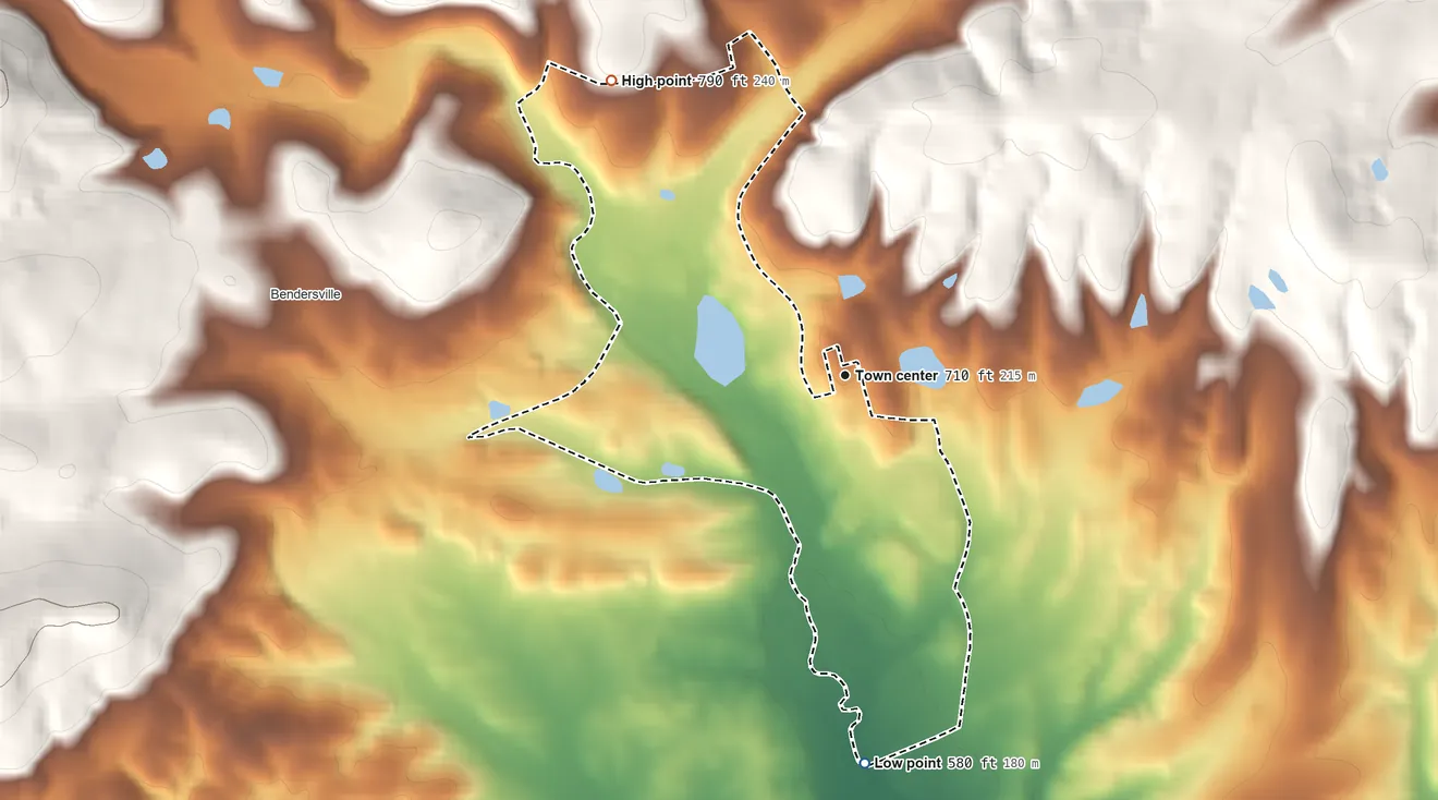 Topographic elevation map of Aspers, Pennsylvania, shaded from 580 ft on the south side to 790 ft on the northwest edge, below higher ground just outside