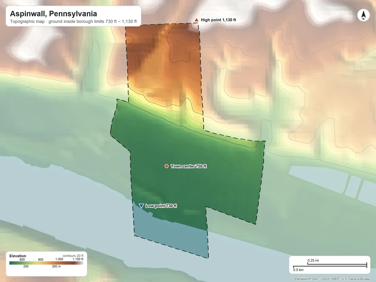 Topographic elevation map of Aspinwall, Pennsylvania, shaded from 730 ft on the southwest side to 1,130 ft on the north side