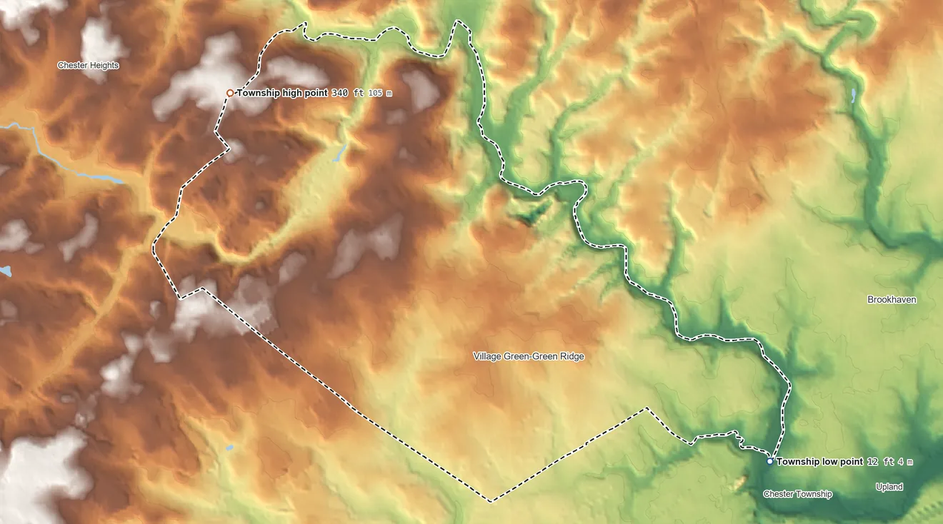 Topographic elevation map of Aston Township, Pennsylvania, shaded from 12 ft on the southeast side to 340 ft on the northwest side