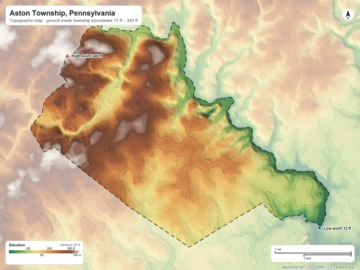 Topographic elevation map of Aston Township, Pennsylvania, shaded from 12 ft on the southeast side to 340 ft on the northwest side