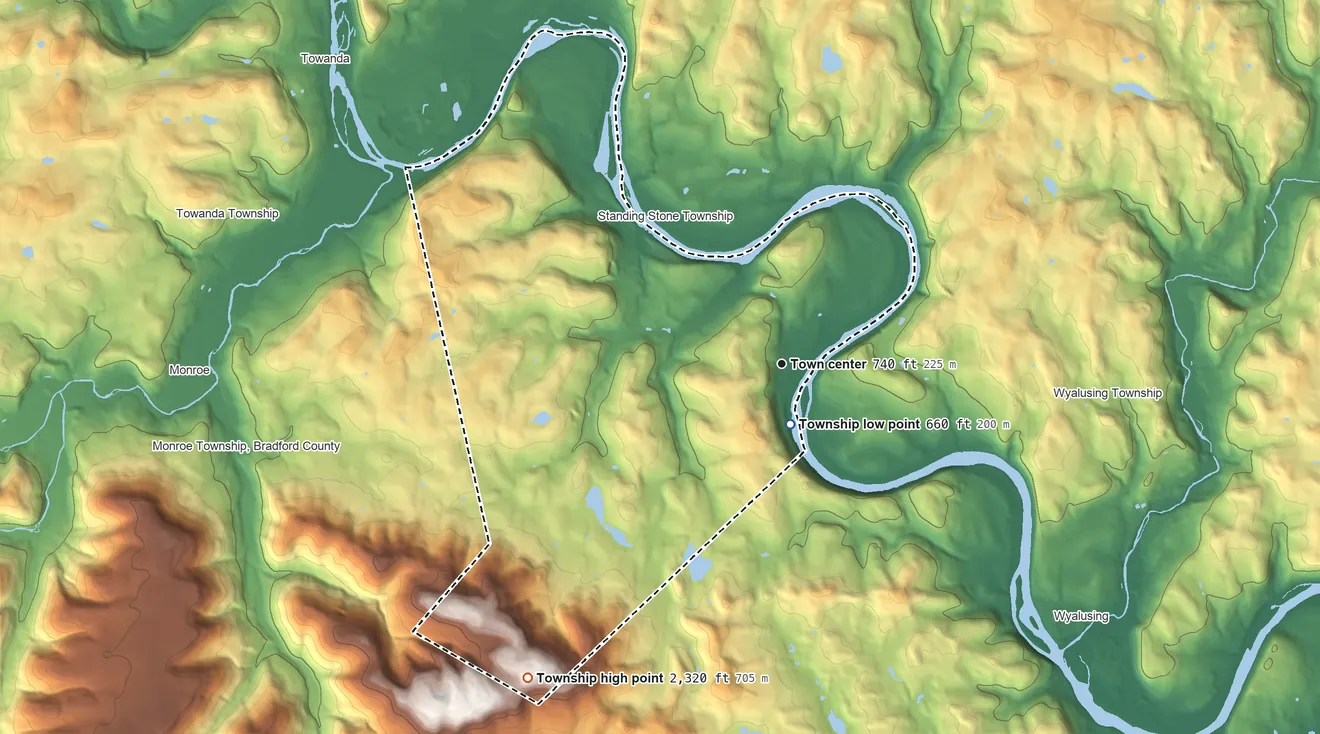 Topographic elevation map of Asylum Township, Pennsylvania, shaded from 660 ft near the middle to 2,320 ft on the southwest side