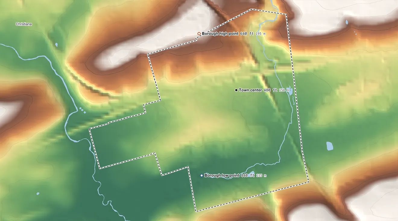 Topographic elevation map of Atglen, Pennsylvania, shaded from 440 ft on the south side to 640 ft on the northwest side
