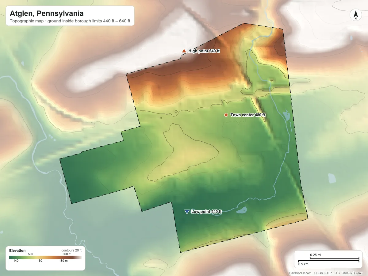 Topographic elevation map of Atglen, Pennsylvania, shaded from 440 ft on the south side to 640 ft on the northwest side