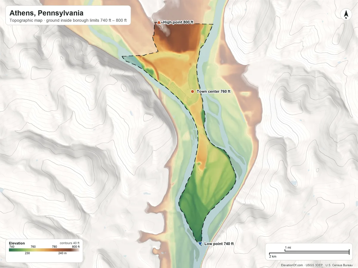 Topographic elevation map of Athens, Pennsylvania, shaded from 740 ft on the south side to 800 ft on the northwest edge, below higher ground just outside