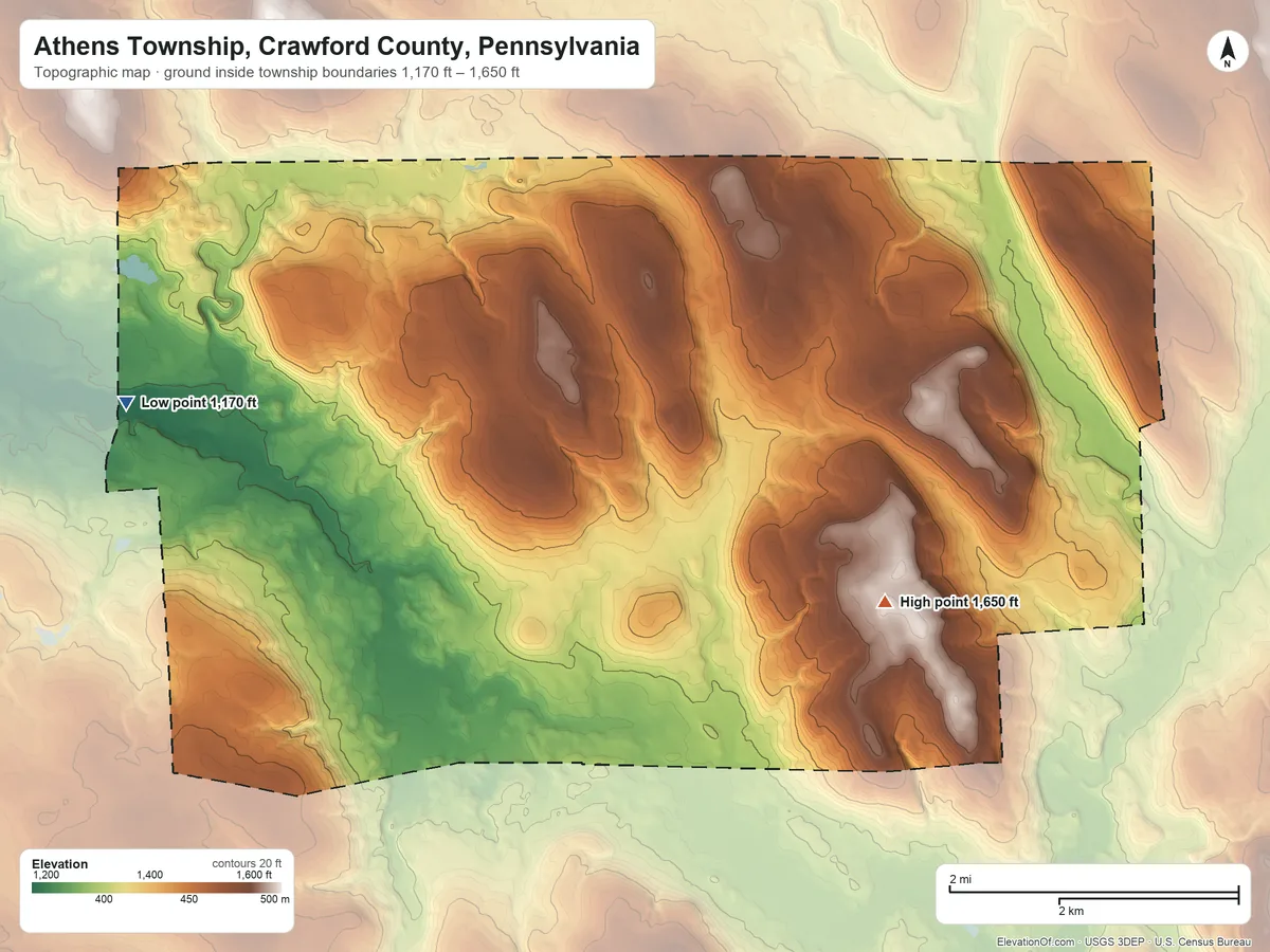 Topographic elevation map of Athens Township, Crawford County, Pennsylvania, shaded from 1,170 ft on the west side to 1,650 ft on the southeast side