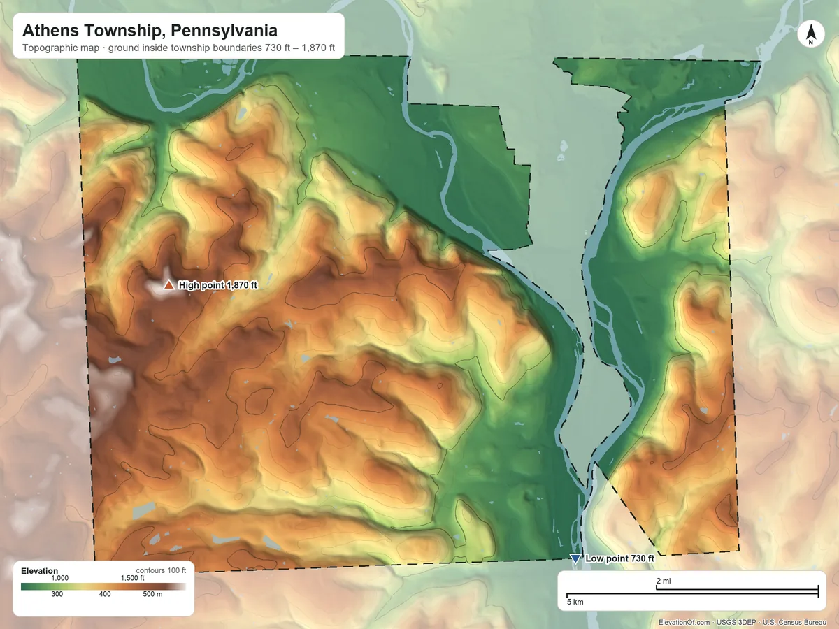 Topographic elevation map of Athens Township, Pennsylvania, shaded from 730 ft on the south side to 1,870 ft on the west side