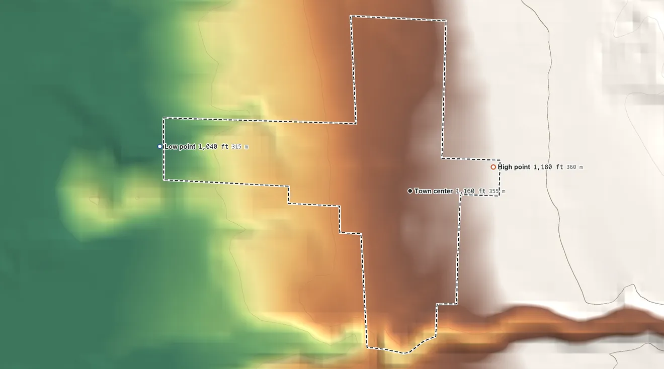 Topographic elevation map of Atlantic, Pennsylvania, shaded from 1,040 ft on the west side to 1,180 ft on the east side