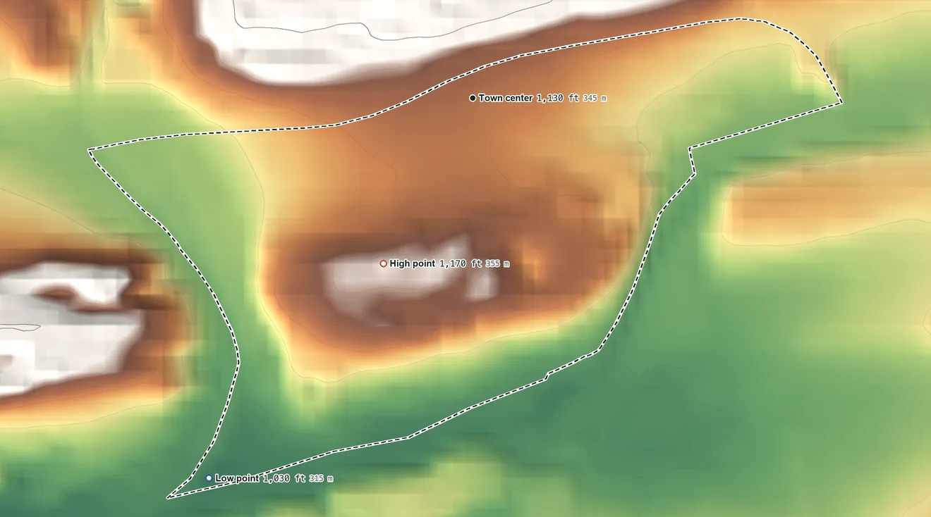 Topographic elevation map of Atlas, Pennsylvania, shaded from 1,030 ft on the southwest side to 1,170 ft at the foot of the Little Mountain