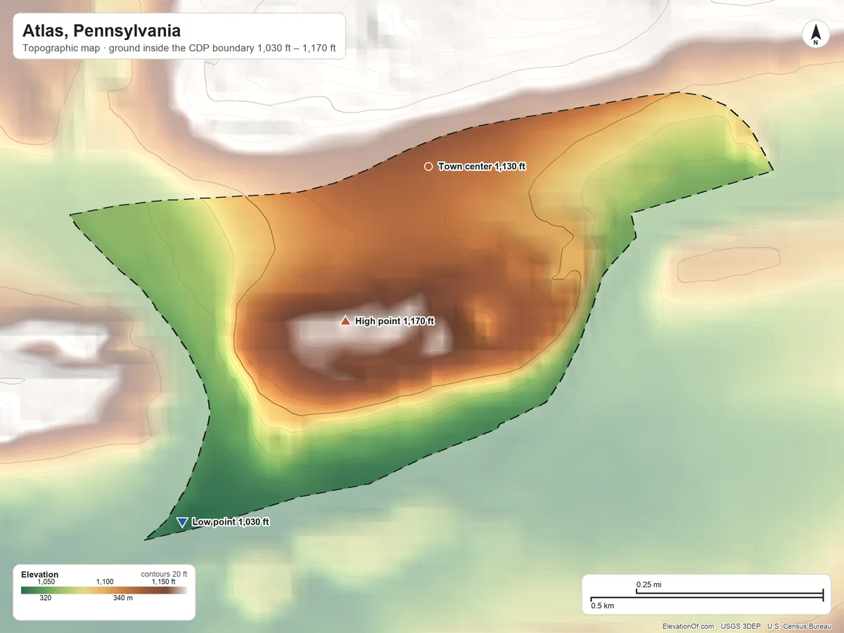 Topographic elevation map of Atlas, Pennsylvania, shaded from 1,030 ft on the southwest side to 1,170 ft at the foot of the Little Mountain