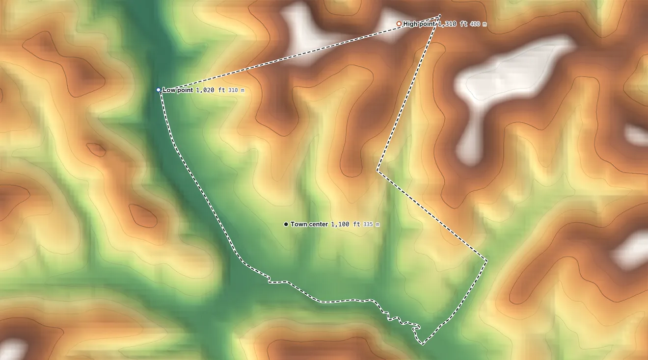 Topographic elevation map of Atlasburg, Pennsylvania, shaded from 1,020 ft on the northwest side to 1,310 ft on the northeast side