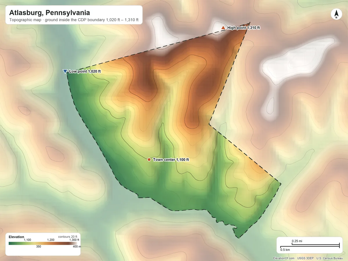 Topographic elevation map of Atlasburg, Pennsylvania, shaded from 1,020 ft on the northwest side to 1,310 ft on the northeast side