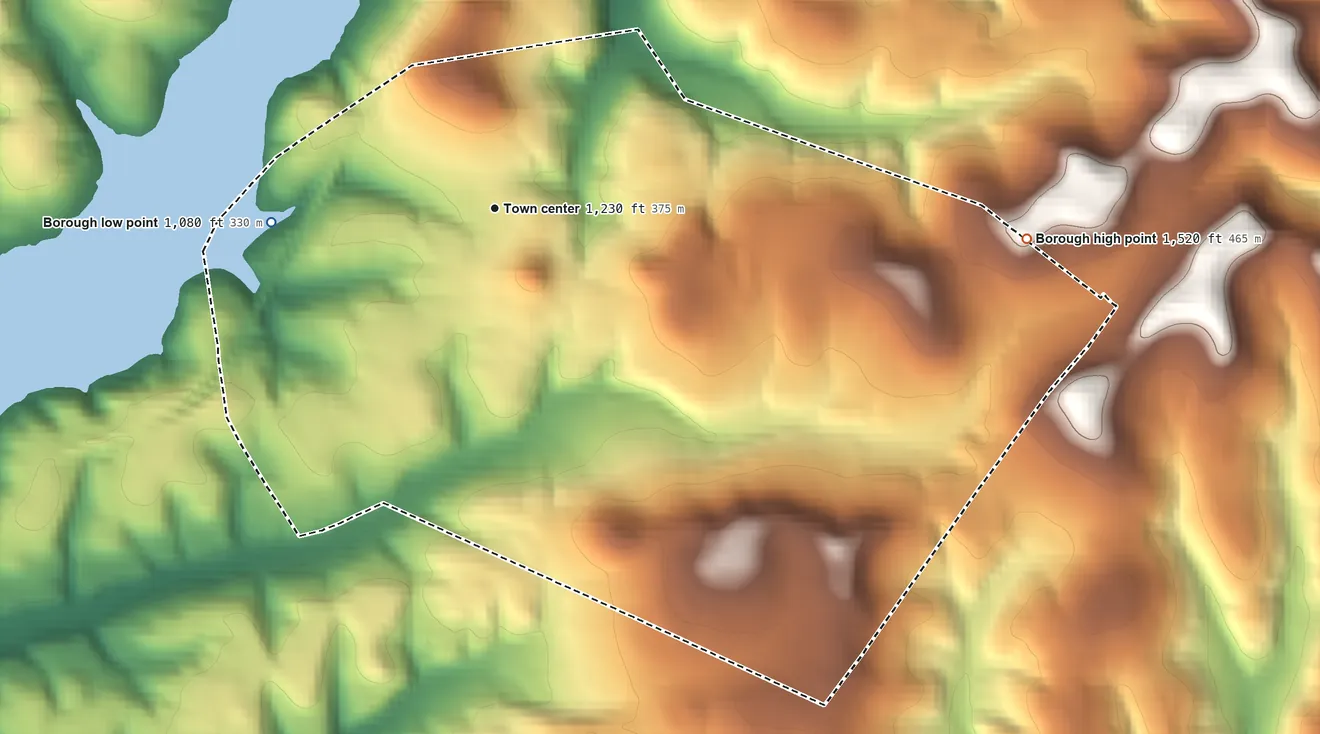 Topographic elevation map of Atwood, Pennsylvania, shaded from 1,080 ft on the west side to 1,520 ft on the east side