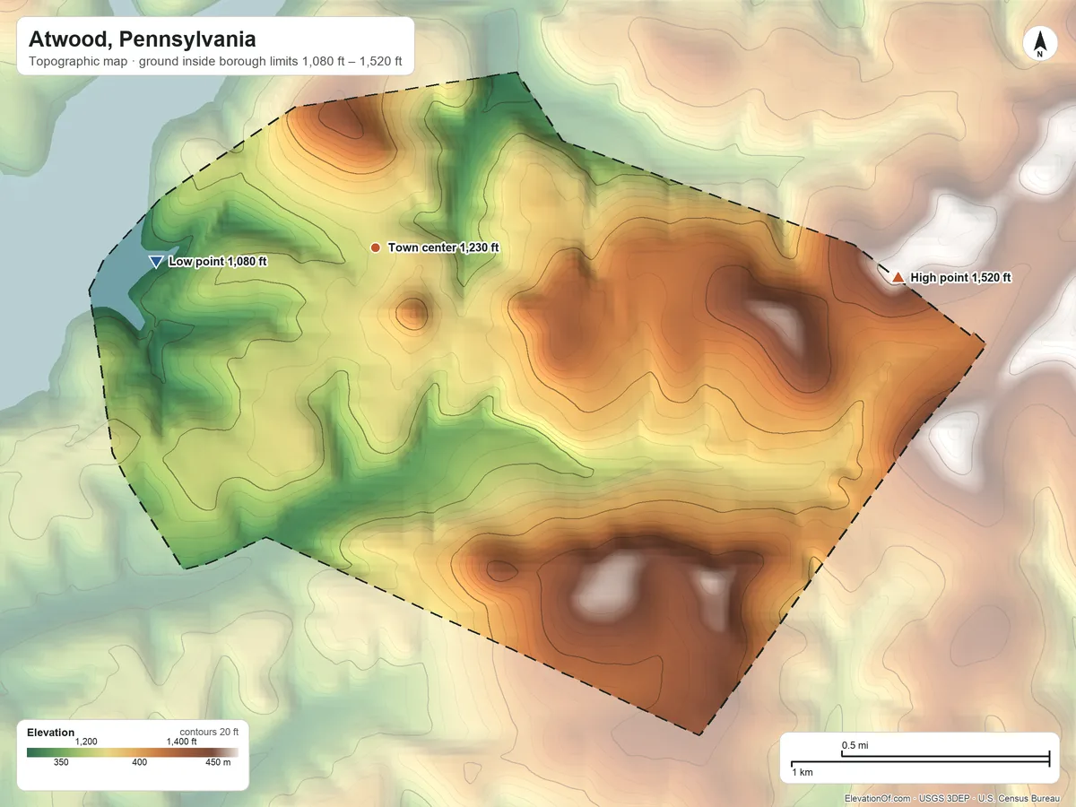 Topographic elevation map of Atwood, Pennsylvania, shaded from 1,080 ft on the west side to 1,520 ft on the east side