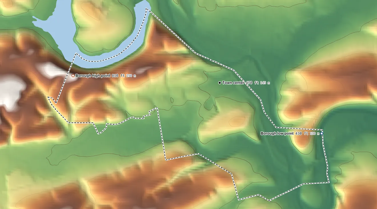 Topographic elevation map of Auburn, Pennsylvania, shaded from 430 ft on the southeast side to 810 ft on the west side
