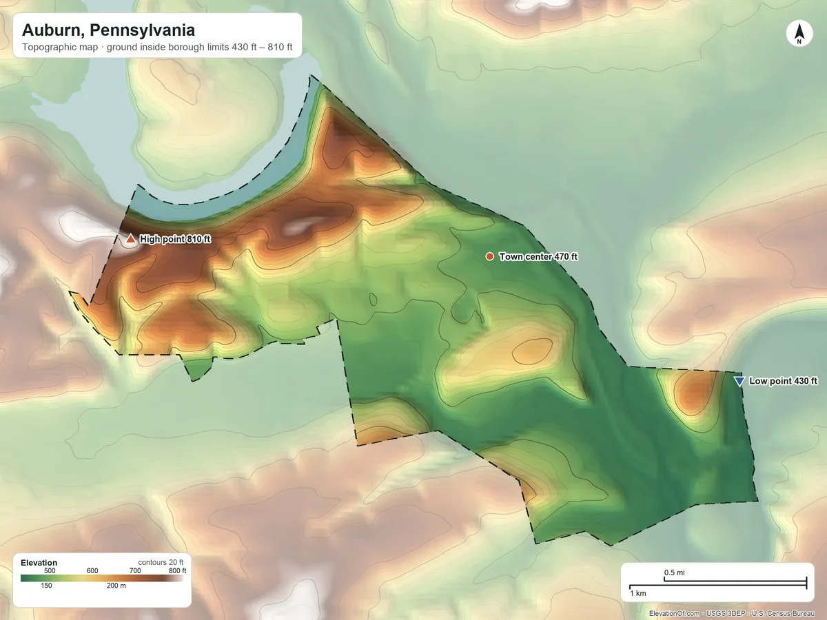 Topographic elevation map of Auburn, Pennsylvania, shaded from 430 ft on the southeast side to 810 ft on the west side