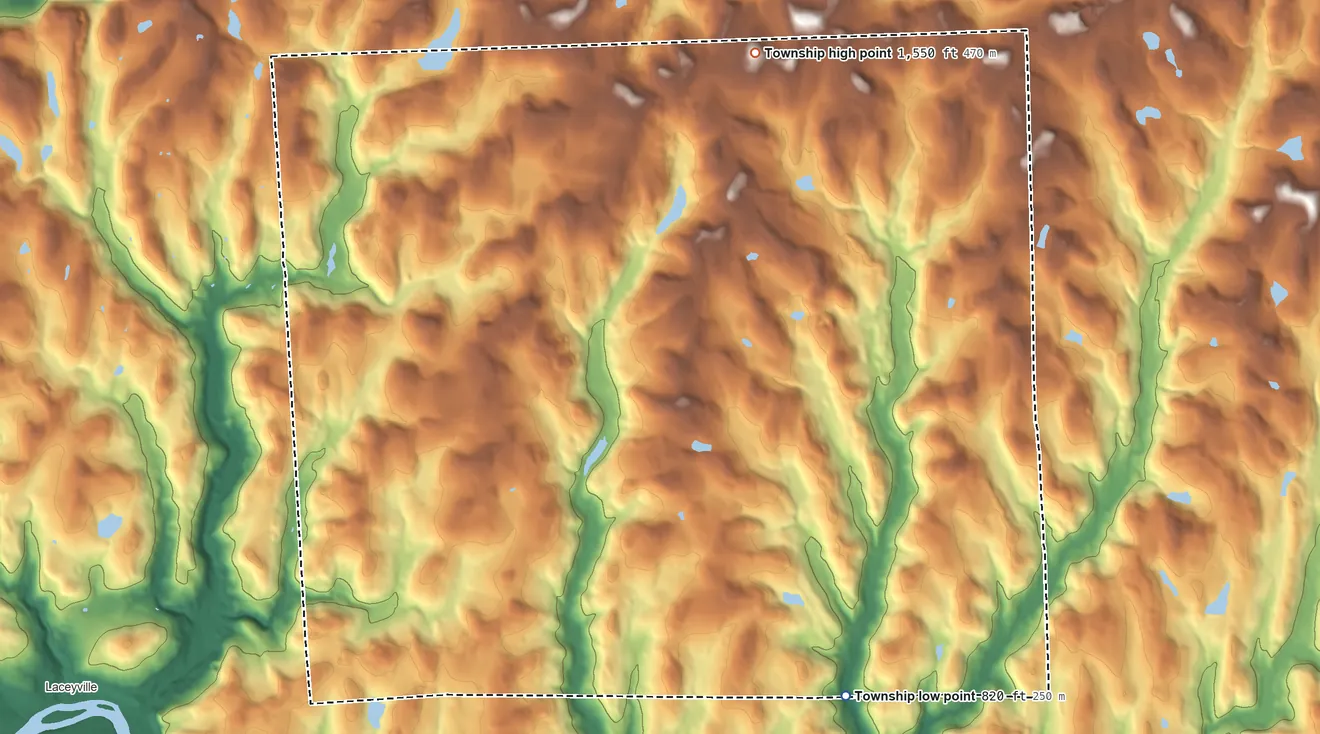 Topographic elevation map of Auburn Township, Pennsylvania, shaded from 820 ft on the southeast side to 1,550 ft on the north side