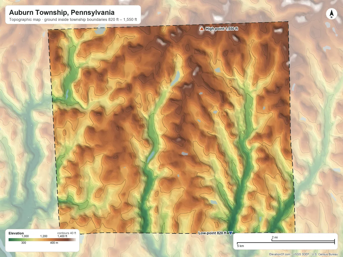 Topographic elevation map of Auburn Township, Pennsylvania, shaded from 820 ft on the southeast side to 1,550 ft on the north side
