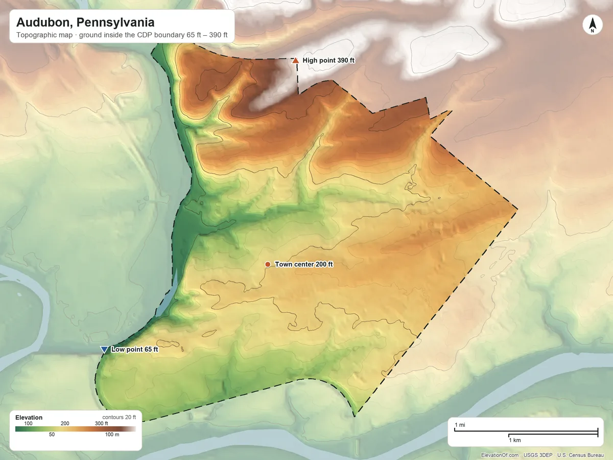 Topographic elevation map of Audubon, Pennsylvania, shaded from 65 ft on the southwest side to 390 ft on the north side