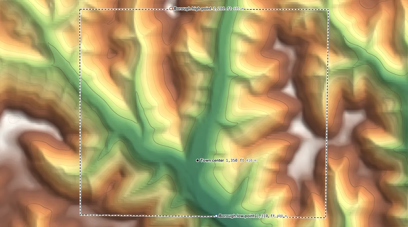 Topographic elevation map of Austin, Pennsylvania, shaded from 1,310 ft on the south side to 2,280 ft on the north side