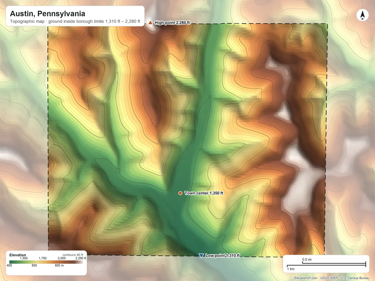 Topographic elevation map of Austin, Pennsylvania, shaded from 1,310 ft on the south side to 2,280 ft on the north side