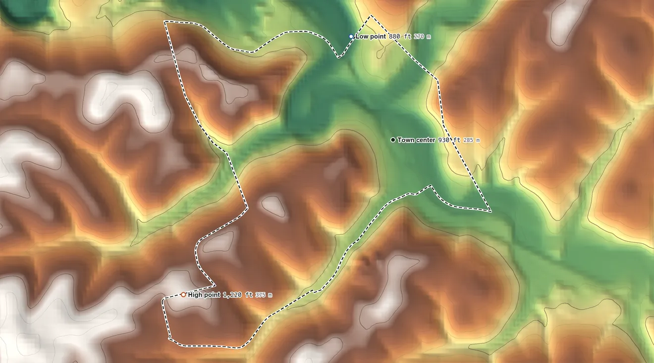 Topographic elevation map of Avella, Pennsylvania, shaded from 880 ft on the north side to 1,220 ft on the southwest side