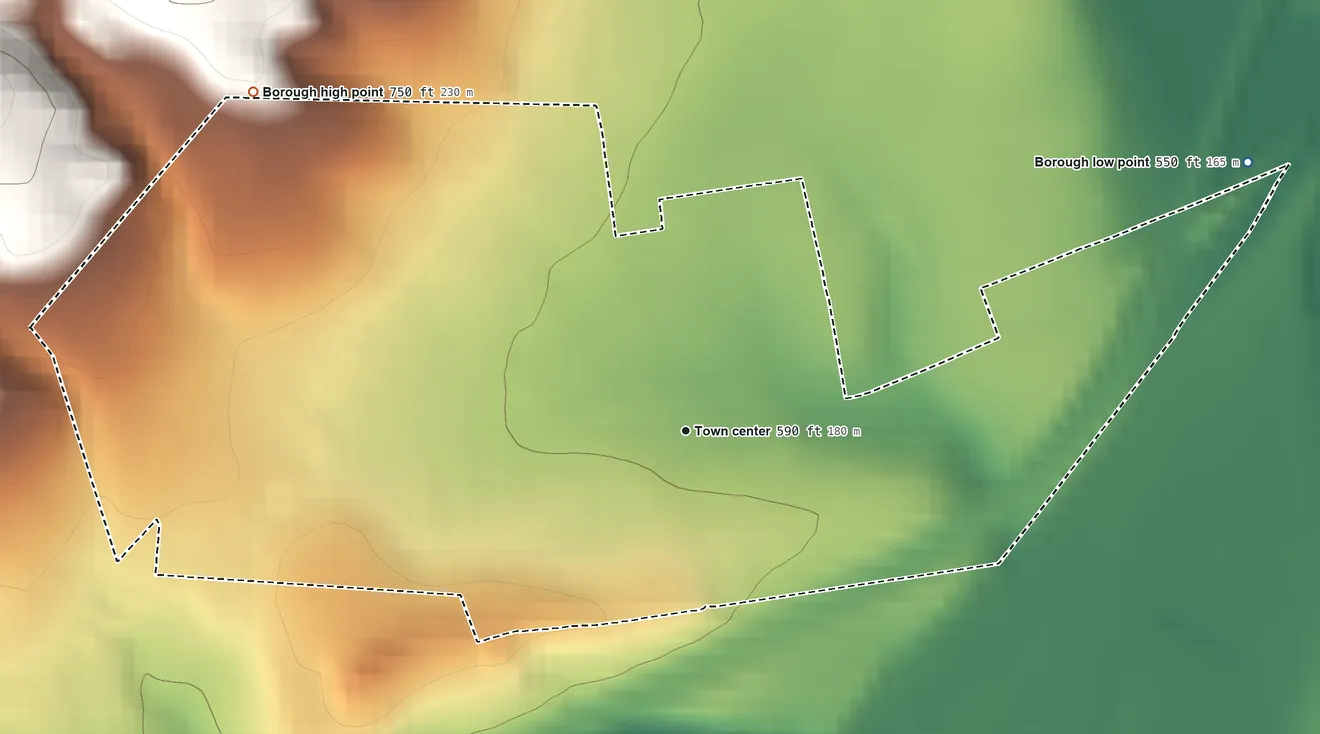 Topographic elevation map of Avis, Pennsylvania, shaded from 550 ft on the northeast side to 750 ft on the northwest edge, below higher ground just outside