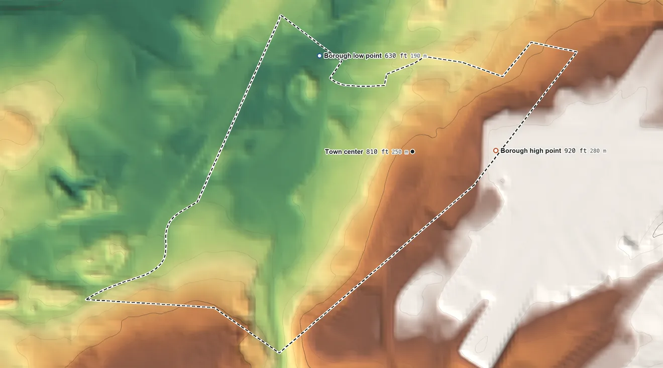 Topographic elevation map of Avoca, Pennsylvania, shaded from 630 ft on the northwest side to 920 ft on the east edge, below higher ground just outside