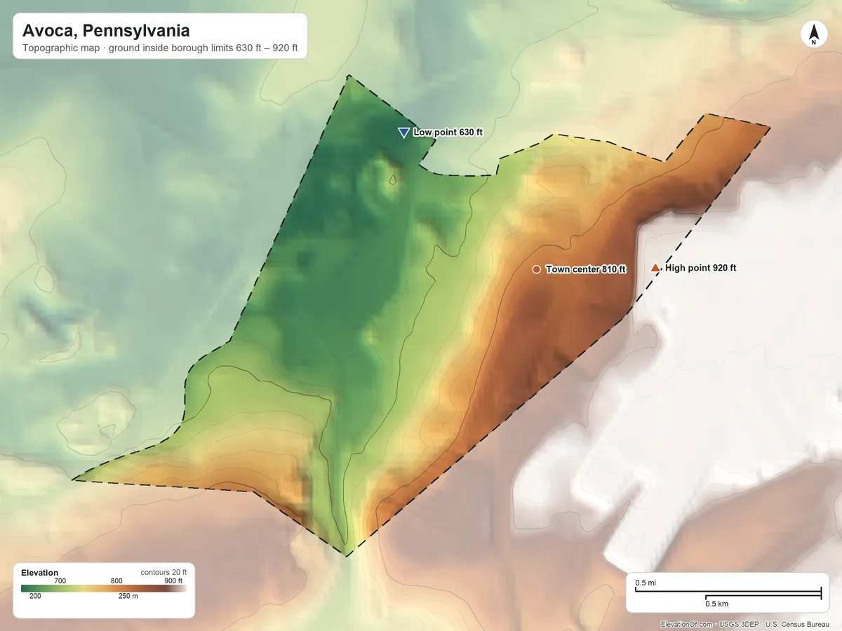 Topographic elevation map of Avoca, Pennsylvania, shaded from 630 ft on the northwest side to 920 ft on the east edge, below higher ground just outside