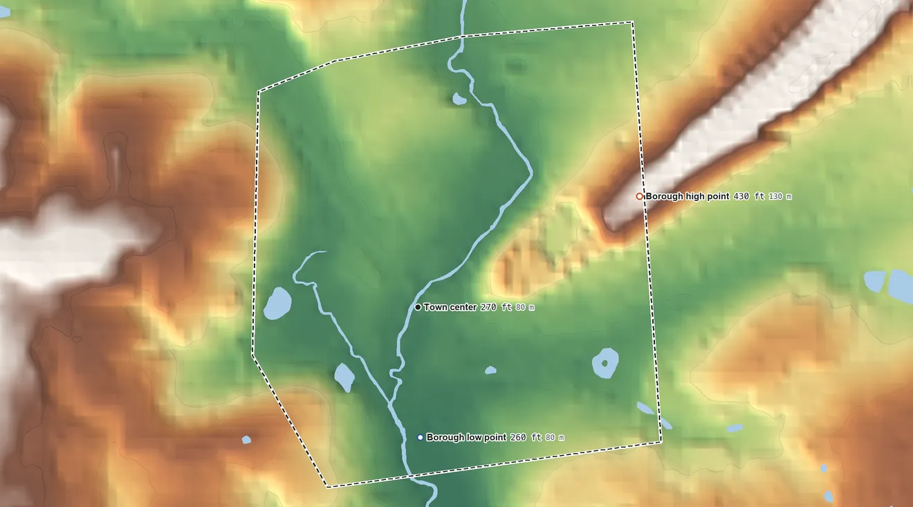 Topographic elevation map of Avondale, Pennsylvania, shaded from 260 ft on the south side to 430 ft on the northeast side