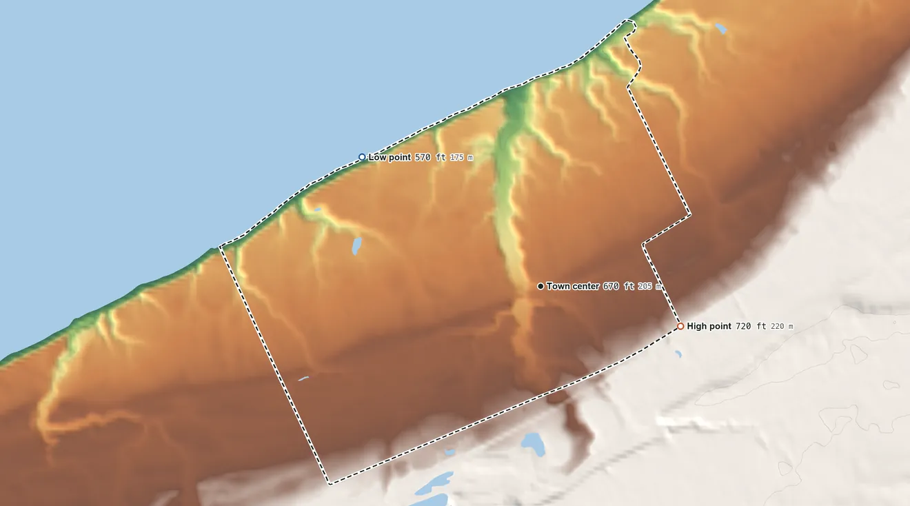 Topographic elevation map of Avonia, Pennsylvania, shaded from 570 ft on the northwest side to 720 ft on the east side