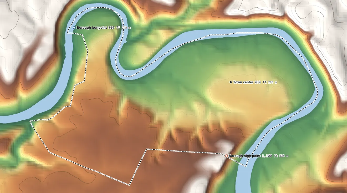 Topographic elevation map of Avonmore, Pennsylvania, shaded from 810 ft on the west side to 1,100 ft on the south side