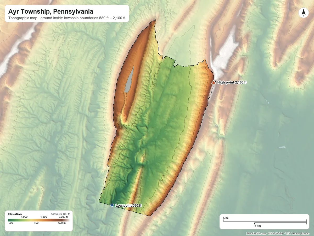 Topographic elevation map of Ayr Township, Pennsylvania, shaded from 580 ft on the southwest side to 2,160 ft on the east side