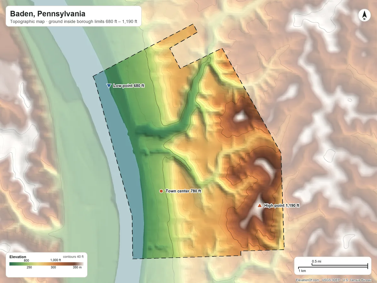 Topographic elevation map of Baden, Pennsylvania, shaded from 680 ft on the northwest side to 1,190 ft on the east side
