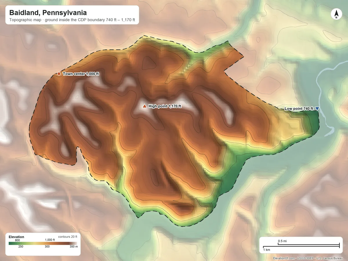 Topographic elevation map of Baidland, Pennsylvania, shaded from 740 ft on the east side to 1,170 ft on the east side