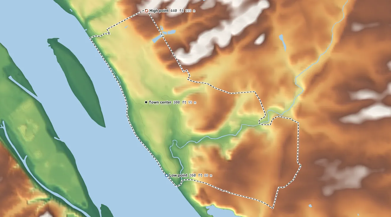 Topographic elevation map of Bainbridge, Pennsylvania, shaded from 260 ft on the south side to 440 ft on the north side