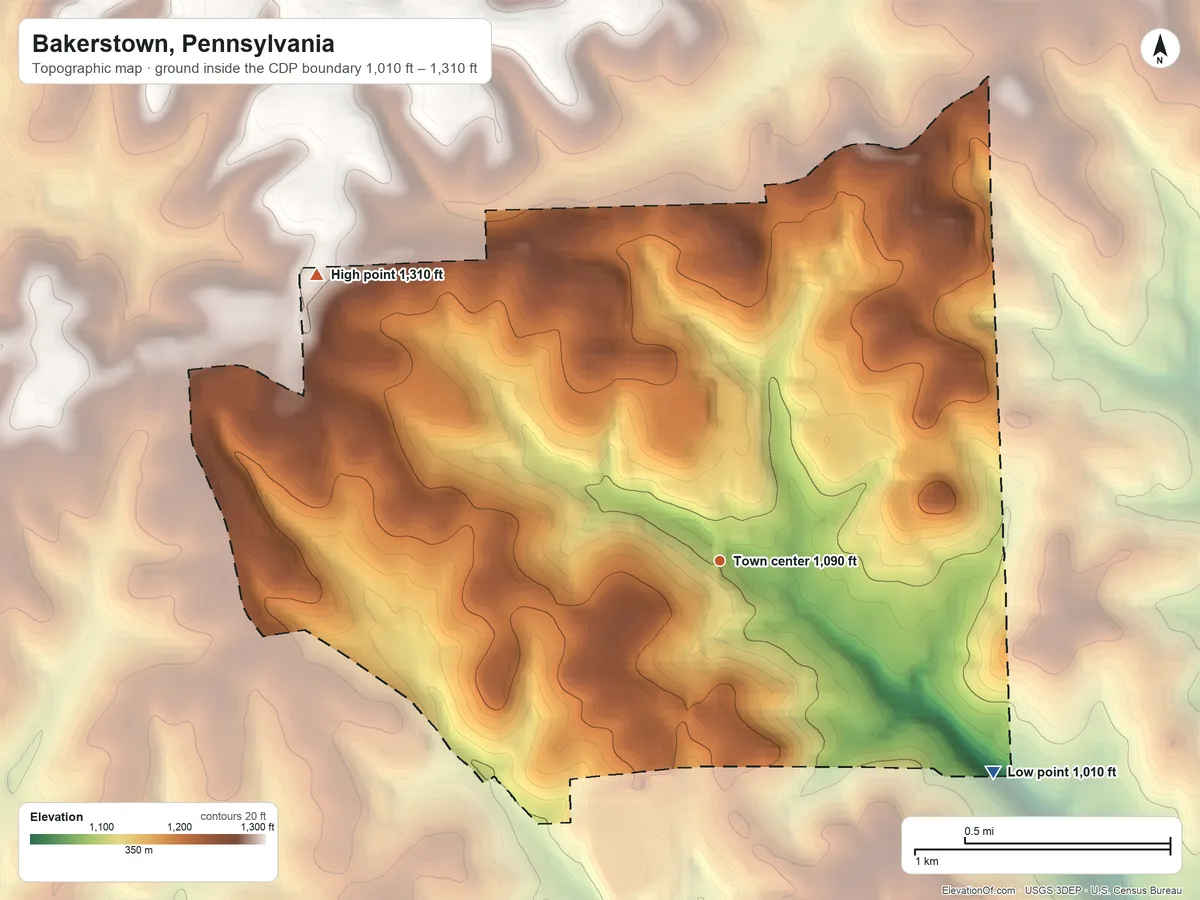 Topographic elevation map of Bakerstown, Pennsylvania, shaded from 1,010 ft on the southeast side to 1,310 ft on the northwest side