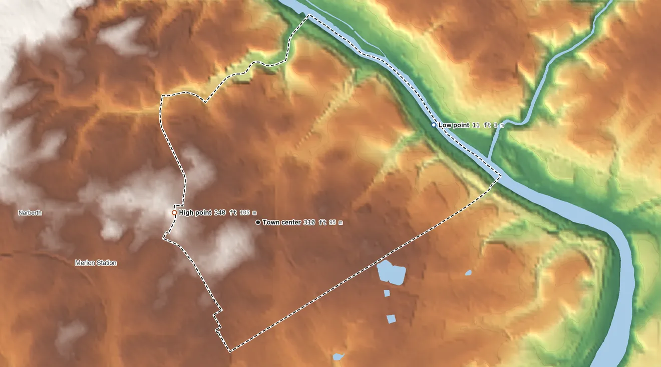 Topographic elevation map of Bala Cynwyd, Pennsylvania, shaded from 11 ft on the northeast side to 340 ft on the west side