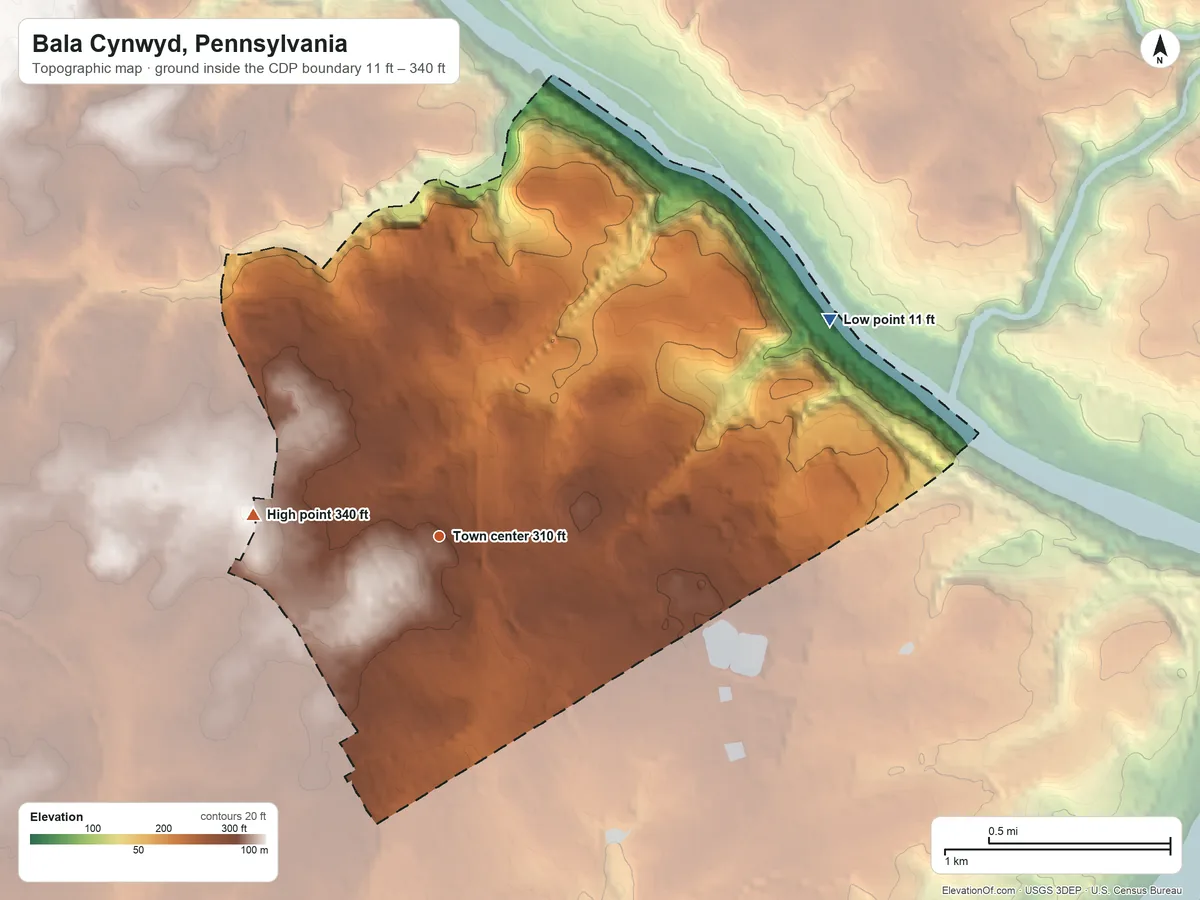 Topographic elevation map of Bala Cynwyd, Pennsylvania, shaded from 11 ft on the northeast side to 340 ft on the west side