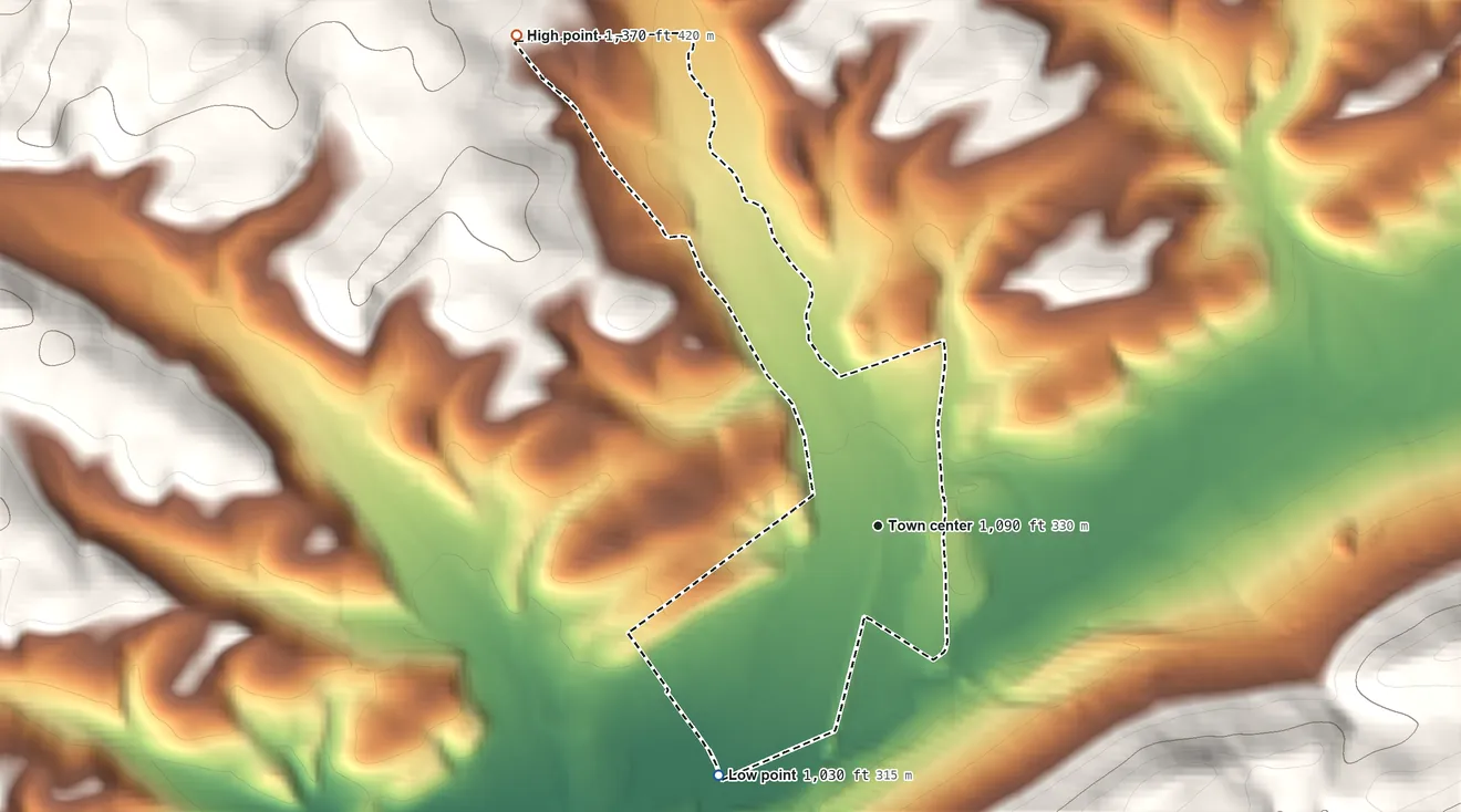 Topographic elevation map of Bald Eagle, Pennsylvania, shaded from 1,030 ft on the southwest side to 1,370 ft on the northwest edge, below higher ground just outside