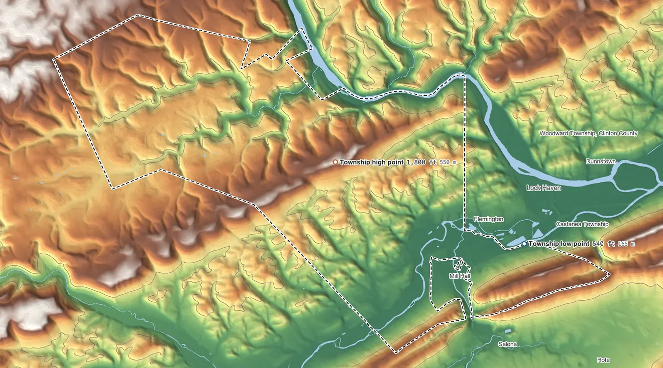 Topographic elevation map of Bald Eagle Township, Pennsylvania, shaded from 540 ft on the east side to 1,800 ft on the northwest side