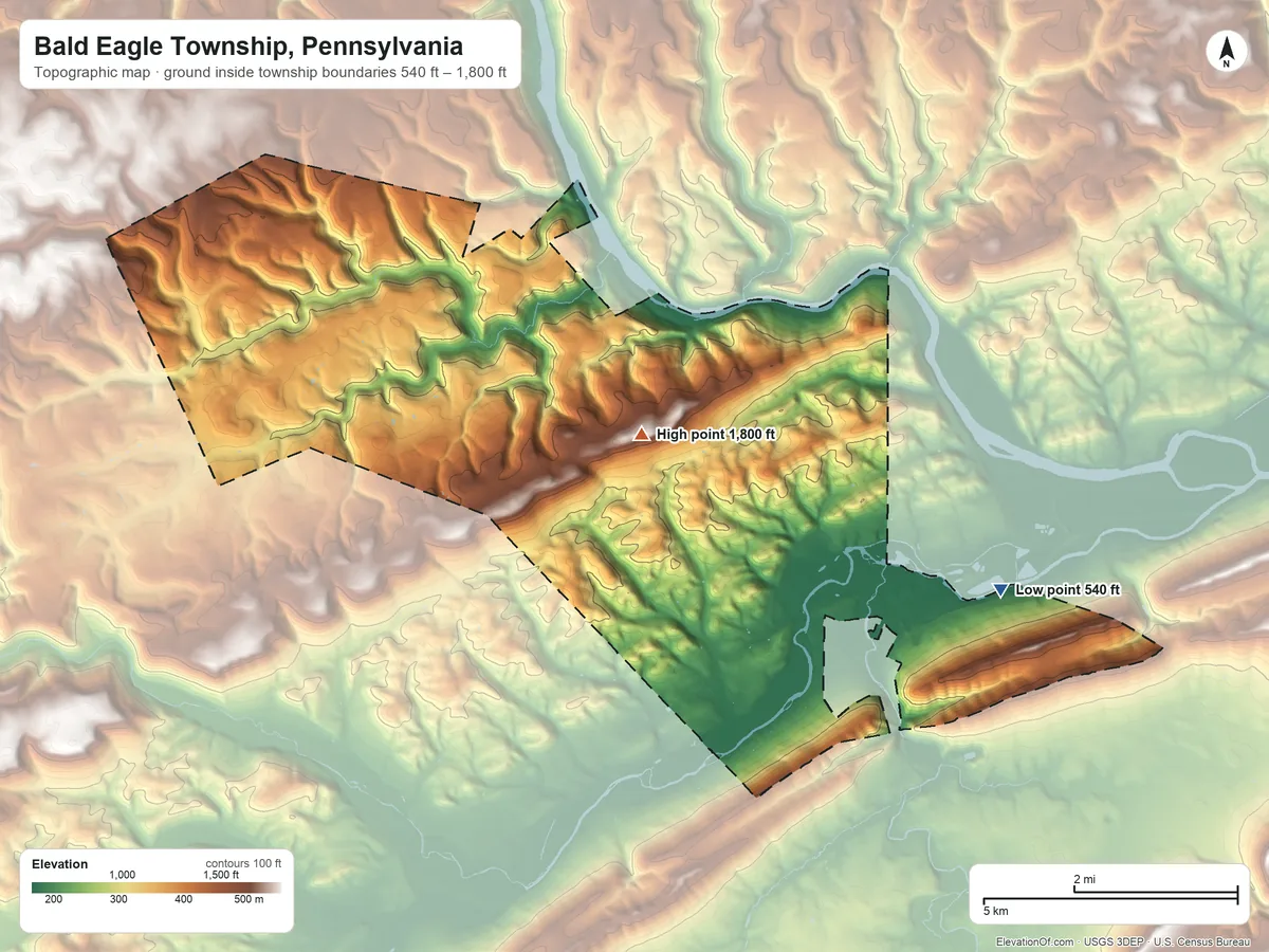 Topographic elevation map of Bald Eagle Township, Pennsylvania, shaded from 540 ft on the east side to 1,800 ft on the northwest side