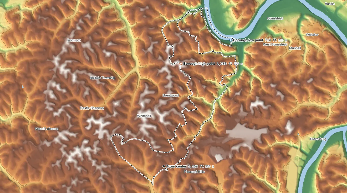 Topographic elevation map of Baldwin, Pennsylvania, shaded from 710 ft on the northeast side to 1,280 ft on the north side