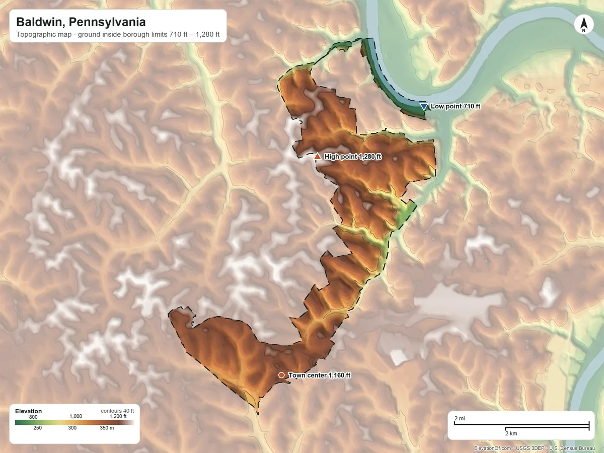 Topographic elevation map of Baldwin, Pennsylvania, shaded from 710 ft on the northeast side to 1,280 ft on the north side